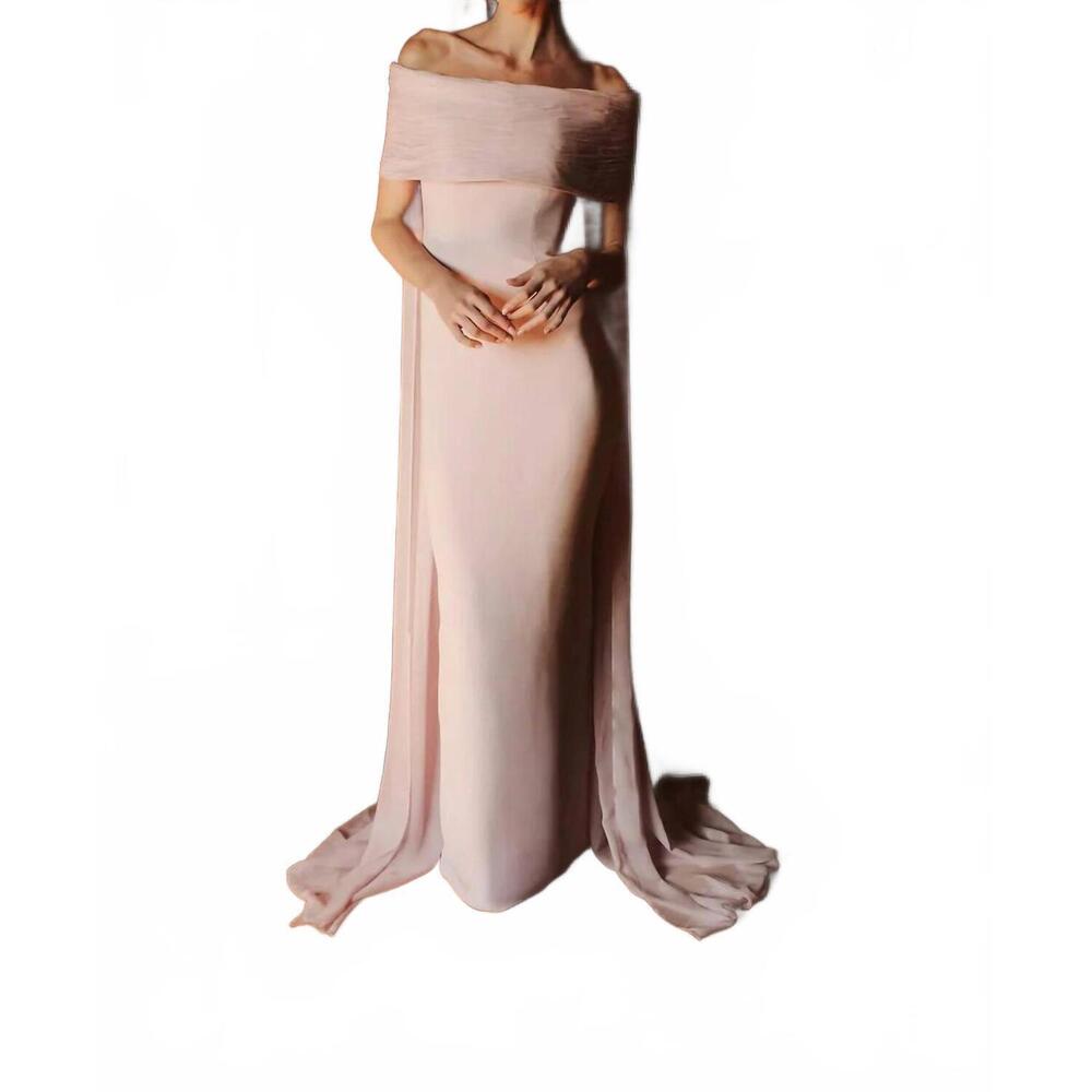 NEW CATHERINE REGEHR off shoulder ripple collar gown with back floats in light p